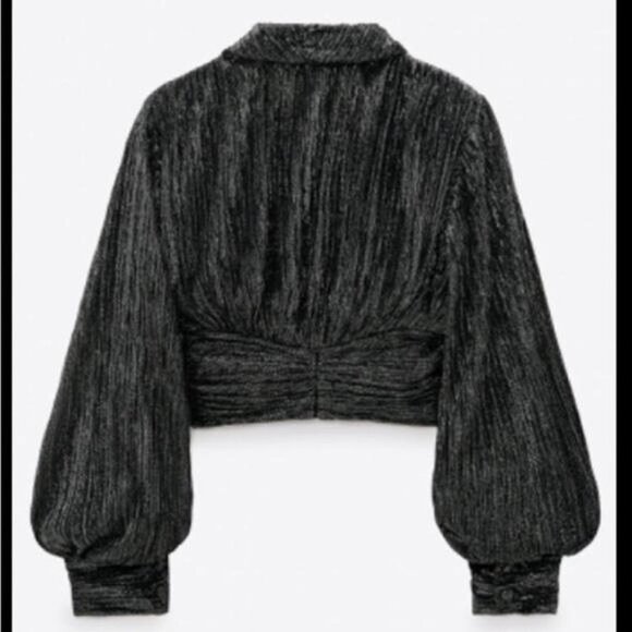 NWT Zara black/ silver metallic long sleeve balloon sleeve top with twist fro - Picture 3 of 6